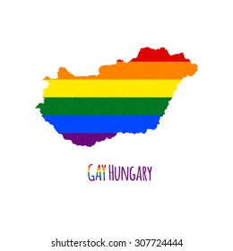 Vector map of Hungary in LGBT (lesbian, gay, bisexual, and transgender) flag colors and GAY Hungary caption on white background. Rainbow flag with denim textile texture.