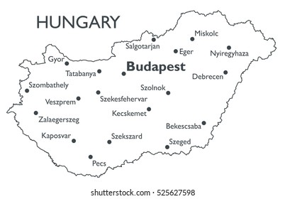 Vector map of Hungary | Monochrome contour map with city names