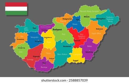 Vector map of Hungary with names of cities and with borders city