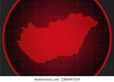 Vector map Hungary on the radar screen with a red grid. Template Europe country on monitor radar for pattern, report, background. Technology concept boundary Hungary for news, infographic, army