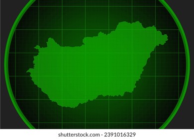 Vector map Hungary on the radar screen with a green grid. Template Europe country on monitor radar for pattern, report, background. Technology concept boundary Hungary for news, infographic, army