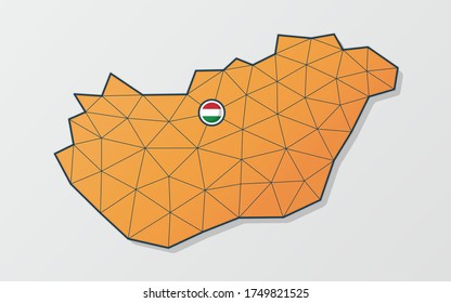 Vector map of Hungary in orange mesh design with flag icon on the spot where is the capital city of Budapest