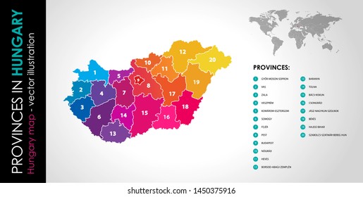 Vector map of Hungary province rainbow colors