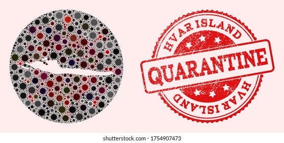 Vector map of Hvar Island collage of covid-2019 virus and red grunge quarantine stamp. Infection cells around the quarantine territory from outside.