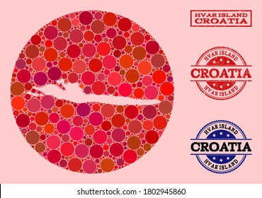 Vector map of Hvar Island collage of round spots and red grunge seal stamp. Subtraction round map of Hvar Island collage created with circles in different sizes, and red color tinges.