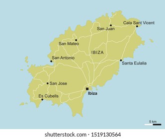 San Jose Ibiza Map Vector Map Ibiza Important Cities Roads Stock Vector (Royalty Free)  1519130564 | Shutterstock