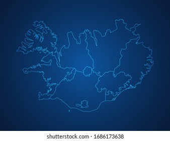 Vector map of Iceland abstract blue line scales on dark background.