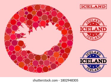 Vector map of Iceland collage of circle dots and red watermark seal. Stencil round map of Iceland collage composed with circles in different sizes, and red color tones.