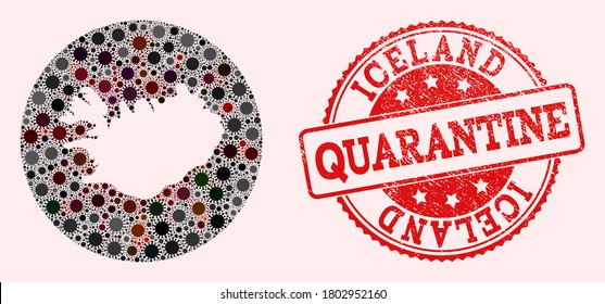 Vector map of Iceland collage of covid-2019 virus and red grunge quarantine seal stamp. Infection cells around the lockdown territory from out space.