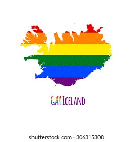 Vector map of Iceland in LGBT (lesbian, gay, bisexual, and transgender) flag colors and GAY Iceland caption on white background. Rainbow flag with denim textile texture.