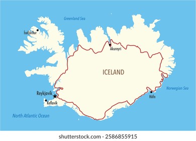 Vector Map of Iceland with Major Cities and Ring Road Route - Infographic