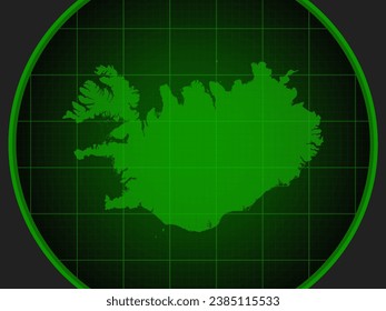 Vector map Iceland on the radar screen with a green grid. Template Europe country on monitor radar for pattern, report, background. Technology concept boundary Iceland for news, infographic, army