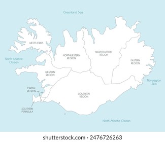 Vector map of Iceland with regions and administrative divisions. Editable and clearly labeled layers.