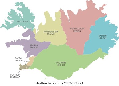 Vector map of Iceland with regions and administrative divisions. Editable and clearly labeled layers.