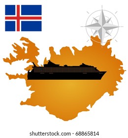 Vector map of  Iceland  with a silhouette of the ship and the flag