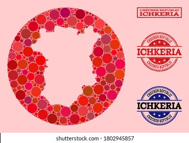 Vector map of Ichkeria collage of circle elements and red watermark seal. Stencil circle map of Ichkeria collage composed with circles in variable sizes, and red color tints.