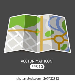 Vector map icon on the curved paper with the scheme of the city, streets and squares