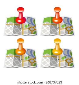 Vector map icon on the curved paper with navigation through the city and marks