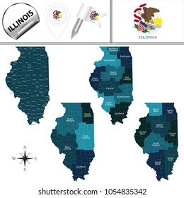 Vector map of Illinois with named regions and travel icons