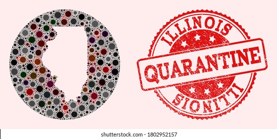 Vector map of Illinois State mosaic of flu virus and red grunge quarantine seal stamp. Infection cells around the quarantine territory from external zone.