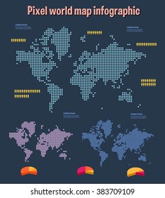 Vector  map illustration and infographics design template. The navigation plan of the world. The pixel scheme of the globe, dotted continents and countries. Drawing Planet Earth