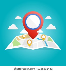 Vector map illustration with markers and clouds