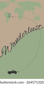 Ilustração de mapa vetorial com caminhonete, rota de viagem, pino de localização e palavra manuscrita "Wanderlust". Design mínimo para aventura, viagem, viagem e promoção de viagens de verão.

