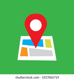 Vector map illustration with red location marker icon on green background in flat style.