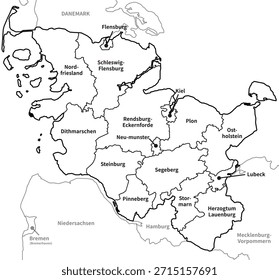 Ilustração de mapa vetorial de Schleswig Holstein, Alemanha. Design limpo e mínimo, enfatizando os limites administrativos. Adequado para geografia, educação, apresentações comerciais, infográficos, web design e materiais de impressão.