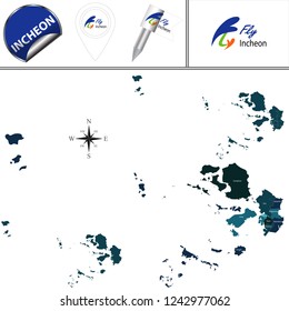 Vector map of Incheon in South Korea with named districts and travel icons