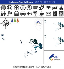 Vector map of Incheon, South Korea with named districts and travel icons. Districts are signed in original korean language