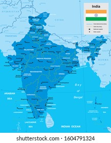 vector map of India with borders of regions and flag in blue tones