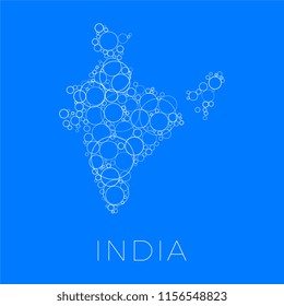 vector map of india filled with white circles of different sizes and degrees of transparency on blue background