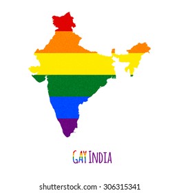Vector map of India in LGBT (lesbian, gay, bisexual, and transgender) flag colors and GAY India caption on white background. Rainbow flag with denim textile texture.