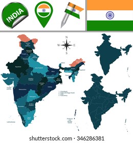 Vector map of India with named states and union territories and travel icons