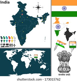 Mapa vectorial de la India con regiones, escudo de armas y ubicación en el mapa mundial