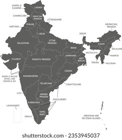 Mapa vectorial de India con estados y territorios y divisiones administrativas. capas editables y claramente etiquetadas.