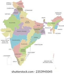 Vector map of India with states and territories and administrative divisions. Editable and clearly labeled layers.