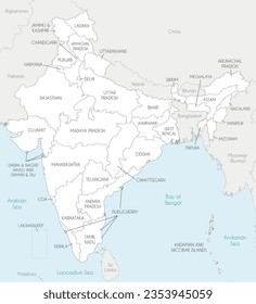 Vector map of India with states and territories and administrative divisions, and neighbouring countries. Editable and clearly labeled layers.