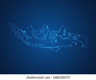 Vector map of Indonesia abstract blue line scales on dark background.