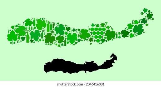 Vector Map of Indonesia - Flores Island. Mosaic of green grapes, wine bottles. Map of Indonesia - Flores Island collage created with bottles, berries, green leaves.