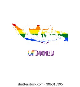 Vector map of Indonesia in LGBT (lesbian, gay, bisexual, and transgender) flag colors and GAY Indonesia caption on white background. Rainbow flag with denim textile texture.