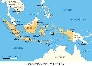 Vector Map of Indonesia with Major Cities and Neighboring Countries – Editable Illustration