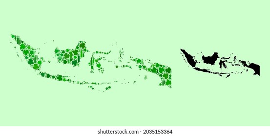 Mapa de vectores de Indonesia. Mosaico de uvas verdes, botellas de vino. Mapa del mosaico de Indonesia diseñado a partir de botellas, uvas, hojas verdes. Mosaico abstracto diseñado para proclamas de barras.