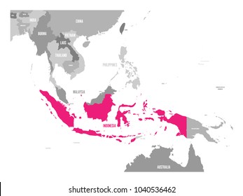 Vector map of Indonesia. Pink highlighted in Southeast Asia region.