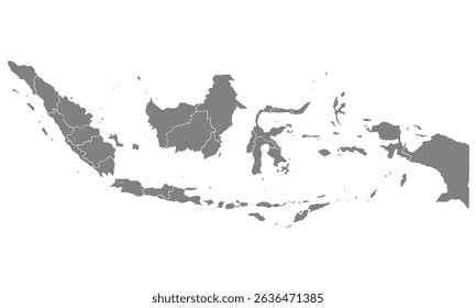Vector map of Indonesia showing its islands and provincial borders in grey on a white background. Ideal for educational, political, or infographic design use.