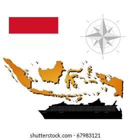 Vector map of  Indonesia  with a silhouette of the ship and the flag