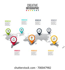Vector map infographic. Template for global or travel presentation. Business concept with 7 options, parts, steps or processes. Timeline concept.