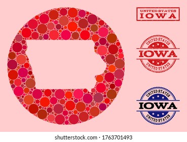 Vector map of Iowa State collage of round items and red watermark seal stamp. Hole round map of Iowa State collage composed with circles in various sizes, and red color tones.