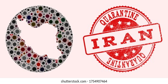 Mapa vectorial del collage iraní de coronavirus y foco de cuarentena de grunge rojo. Las células de infección atacan el territorio de cuarentena desde el espacio. Mapa redondo de hoyo del collage de Irán formado con íconos patógenos.
